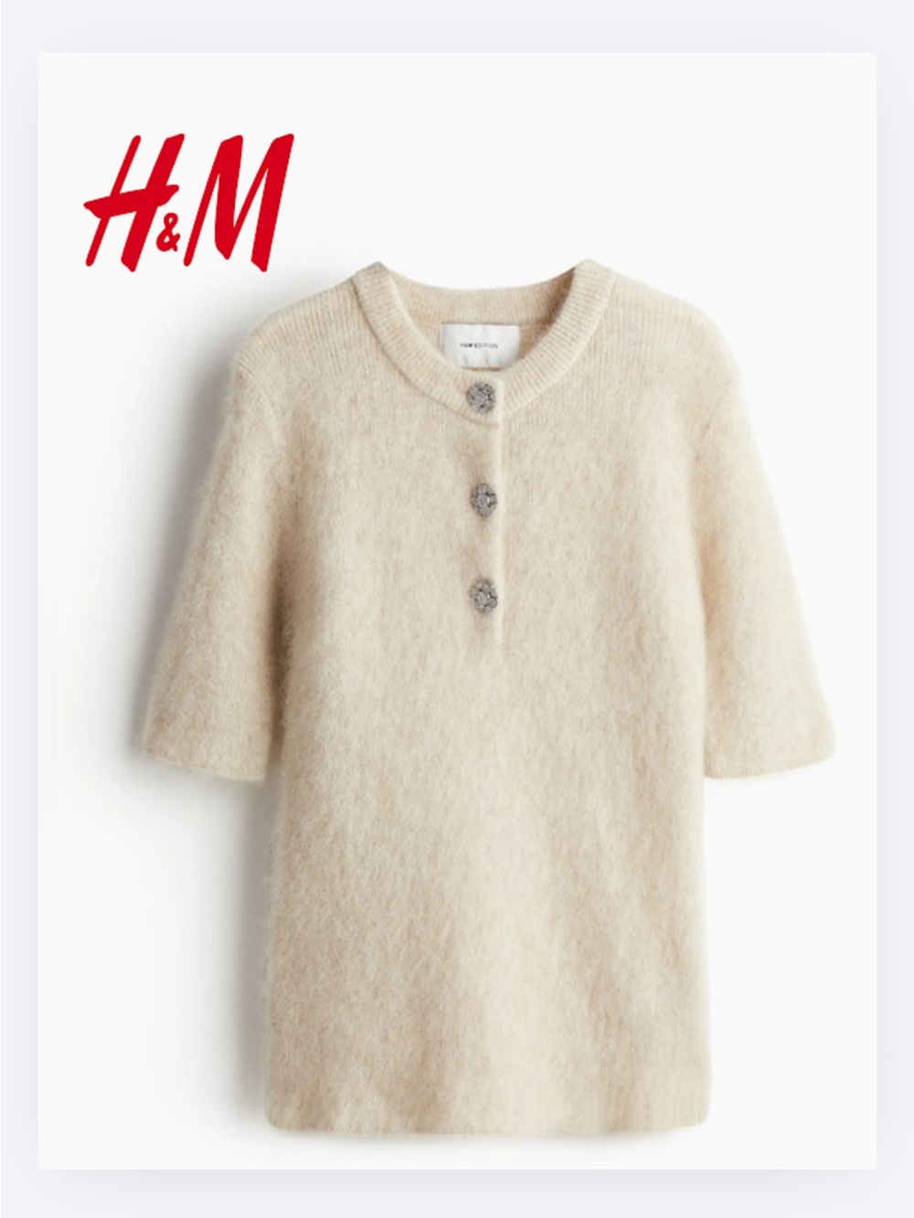 H&M Cream Short-Sleeve mohair Knit Sweater with Buttons